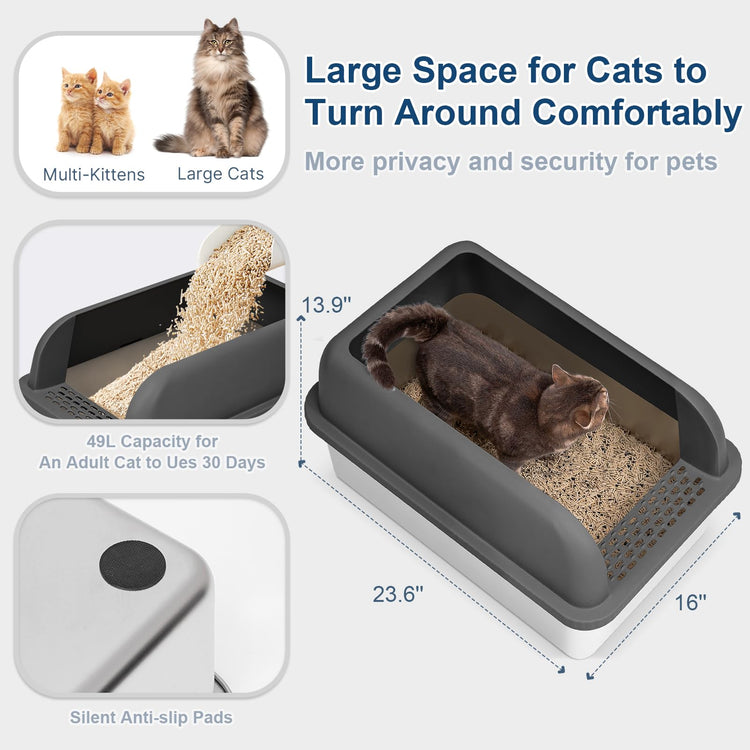 Extra Large Stainless Steel Litter Box with Lid, High Sides Enclosed Cat Litter Box for Big Cats & High Peeing, Anti-Leak & Odor Control Metal Litter Pan, Easy Clean Non-Stick Kitty Litter Box