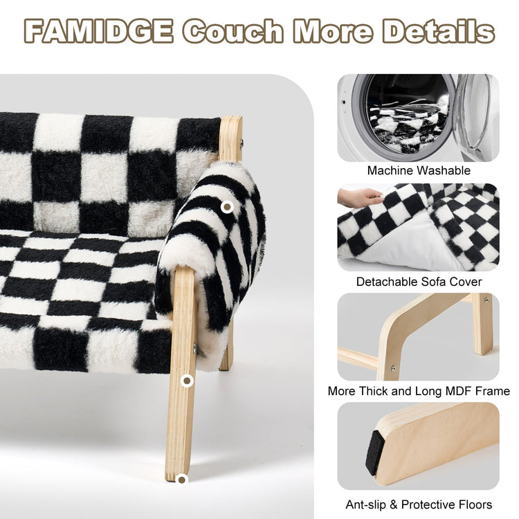 FAMIDGE Plush Cat Couch Bed - Cat Bed for Indoor Cats, Dog Sofa Bed, Short Rabbit Fleece Calming Pet Couch with Removable Cover, Anti-Shedding Pet Sofa for Small/Medium Pets (26×18×12in, Brown)