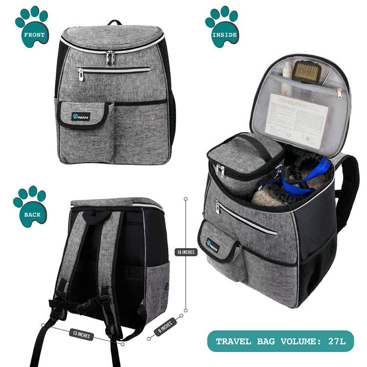 PetAmi Dog Travel Bag Backpack, Airline Approved Dog Bags for Traveling, Puppy Diaper Bag Supplies, Pet Camping Essentials Hiking Accessories Dog Mom Gift, Food Container, Collapsible Bowls, Gray