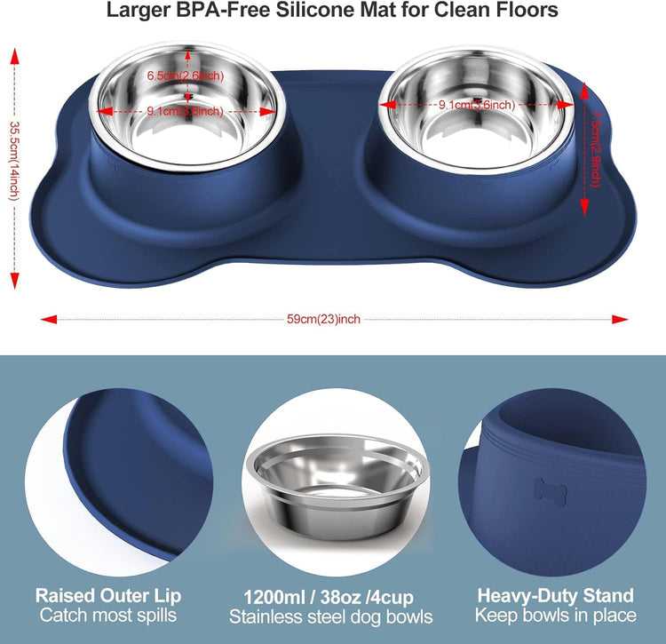 AsFrost Dog Food Bowls Stainless Steel Pet Bowls & Dog Water Bowls with No-Spill and Non-Skid, Feeder Bowls with Dog Bowl Mat for Dogs Cats and Pets-Pink, 24 0z in Total