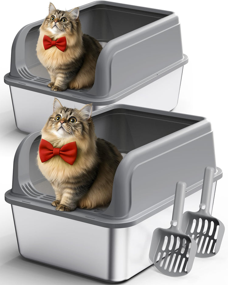 Powools Stainless Steel Cat Litter Box, Metal Litter Box with Scoop, High- Sided, Anti-Leakage Top Entry, Non-Sticky, Easy to Clean, Grey, M (1 Pack)