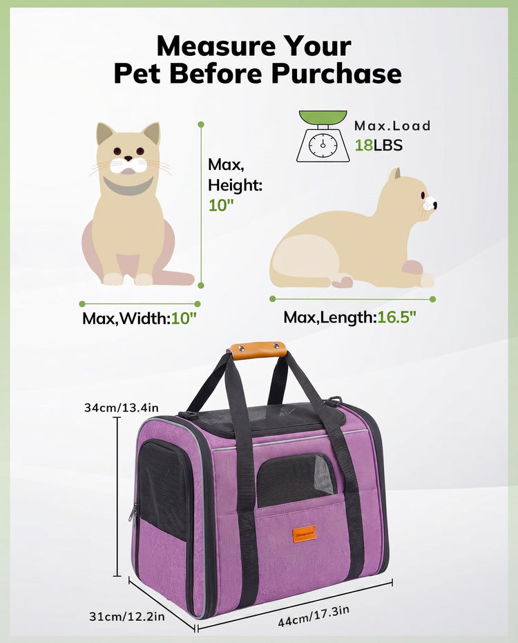 Morpilot Pet Carrier for Large Cats, Puppies & Small Dogs Up to 25lbs, Escape-Proof with Locking Zippers, Dual-Sided Cushion, Safety Buckle for Car & Vet Travel, Includes Foldable Bowl (Dark Gray)