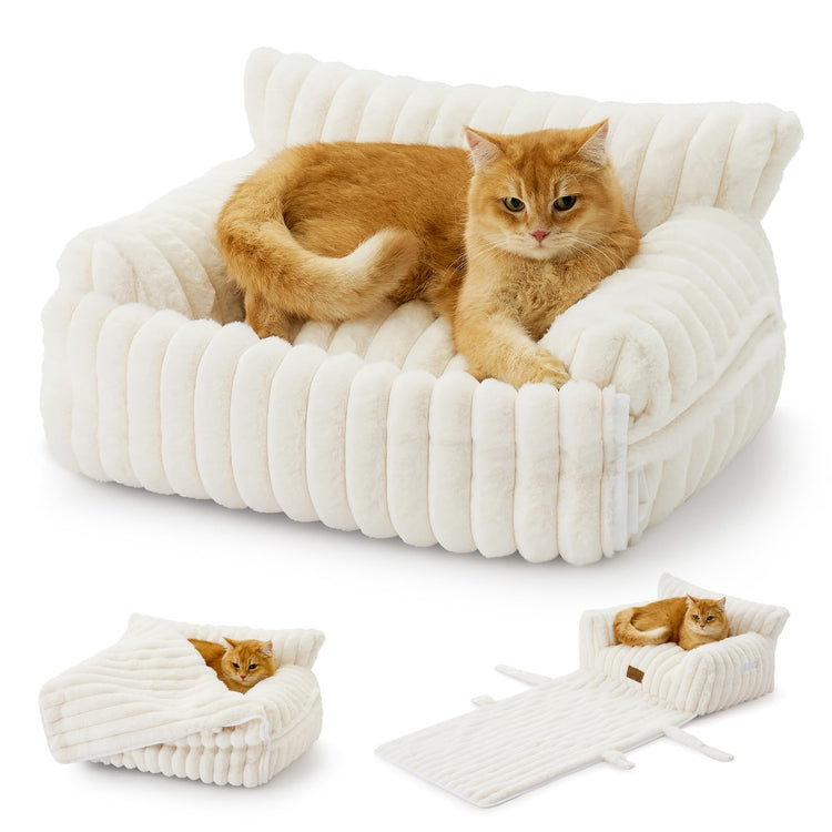 COZY KISS Cute Cat Couch, Fluffy Sofa Bed for Cats and Small Dogs, Premium Faux Rabbit Fur Cats beds for Indoor Cat, Ultra-Soft Supportive Pet Couch Furniture (Grey, S: 25.5''x17.5'')