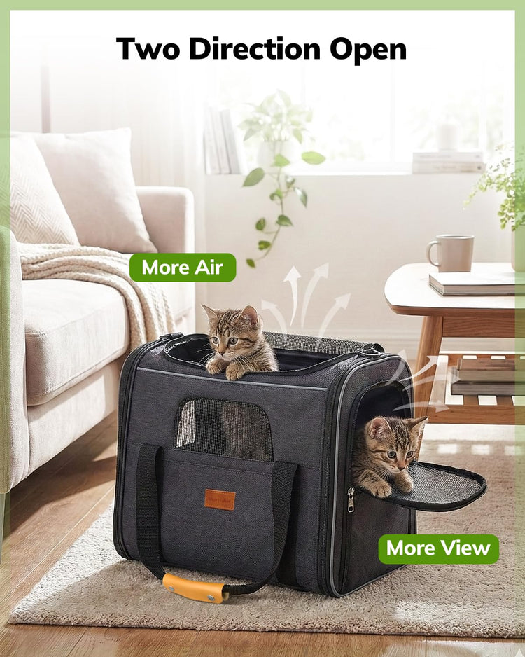 Morpilot Pet Carrier for Large Cats, Puppies & Small Dogs Up to 25lbs, Escape-Proof with Locking Zippers, Dual-Sided Cushion, Safety Buckle for Car & Vet Travel, Includes Foldable Bowl (Dark Gray)