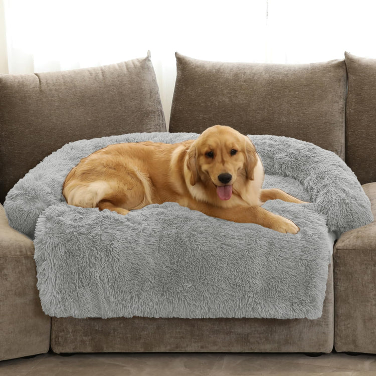 Calming Dog Bed Fluffy Plush Dog Mat for Furniture Protector with Removable Washable Cover for Large Medium Small Dogs and Cats (Small(35x31x5), Light Grey)