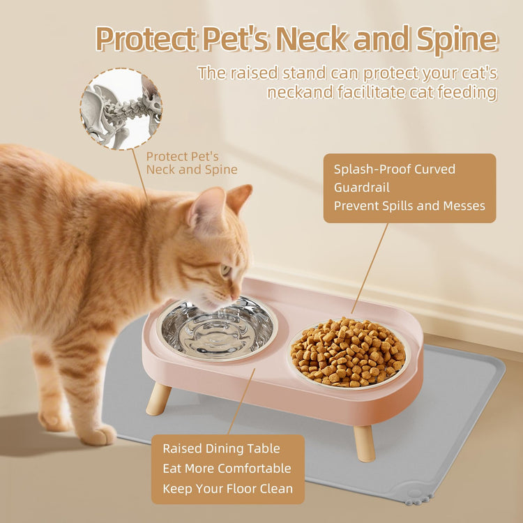 Elevated Cat Bowl, Raised Cat Food and Water Bowl Set for Indoor Cats, Splash Proof with 2 Stainless Steel Pet Food Bowls for Cats and Puppies, Whisker Fatigue and Dishwasher Safe - White