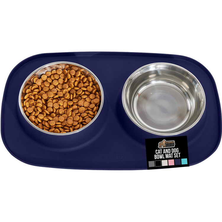 GORILLA GRIP Feeding Mat Set, Patent Pending 100% Waterproof BPA Free Silicone, Stainless Steel Cat and Dog Bowls, Slip Resistant, 1 Black mat/tray with 2 stainless steel bowls