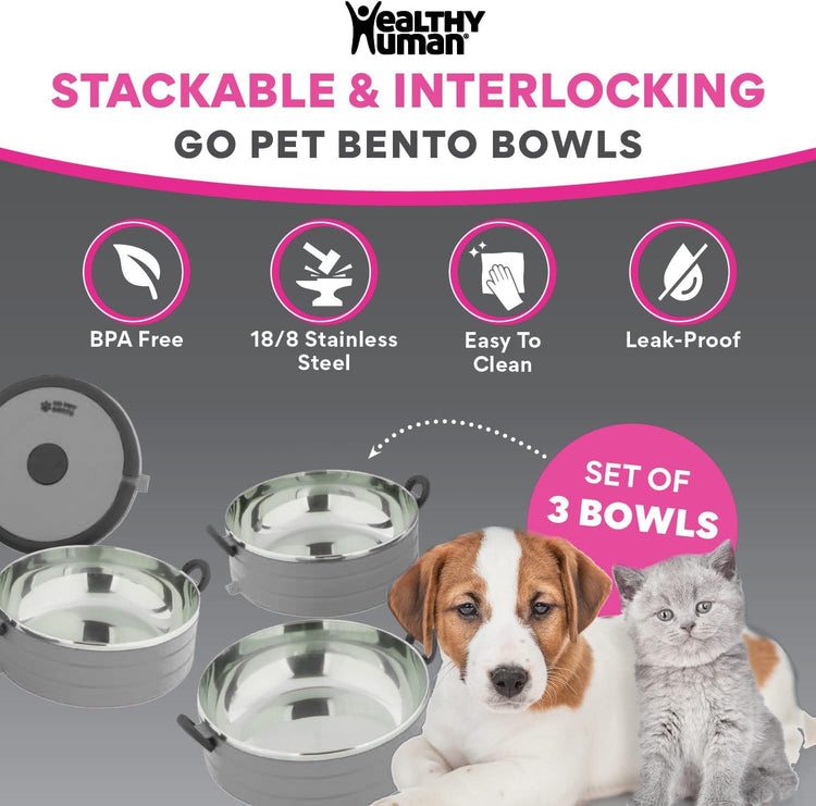 Healthy Human Travel Pet Bento Bowls - Human-Grade Stainless Steel & BPA-Free, Leak-Proof Water & Food Container Set for Dogs & Cats, 4-Pack Interlocking Bowls, Includes Spare Clips & Handle (Pink)
