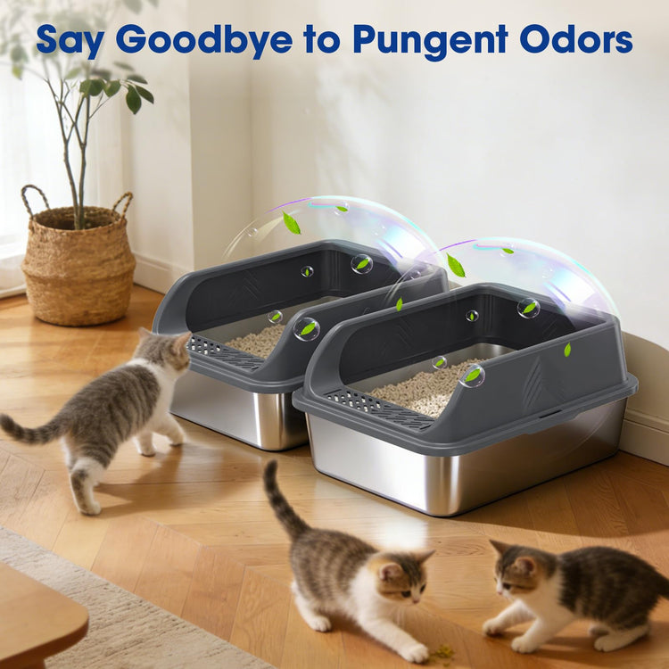 2 Pack XL Stainless Steel Litter Box, Metal Cat Litter Boxes with Lid, High Sided Enclosed Litter Boxes for Big Cat and Multiple Cats, Anti-Urine Leakage | Non-Stick Bottom & Includes Scoop