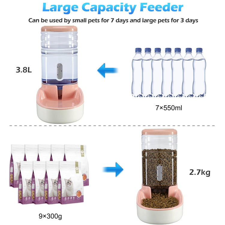 Kacoomi Automatic Dog Cat Feeder and Water Dispenser Gravity Food Feeder and Waterer Set with Pet Food Bowl for Small Medium Dog Puppy Kitten, Large Capacity 1 Gallon x 2