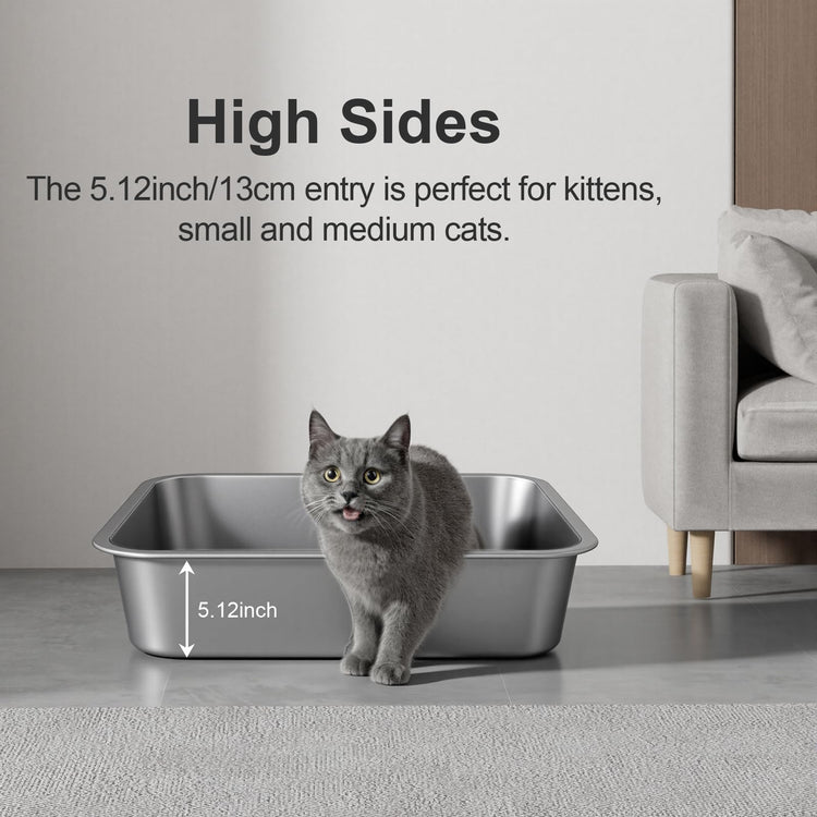 Stainless Steel Litter Box with High Sided, Metal Cat Litter Box, Odor-Free, Non-Stick Litterbox Pan, Easy to Clean Pet Supplies Toilet Tray for Indoor Cats, Kittens or Multicat Homes