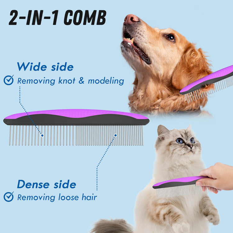 Docrok Pet Grooming Combo - Blue Deshedding Brush with Metal Comb for Detangling and Dematting Long, Matted Fur on Cats and Dogs