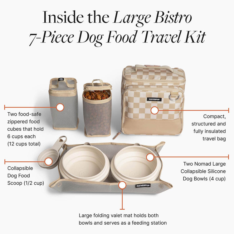 Cleverpup, Large 7-Piece Bistro Box Dog Food Travel Kit, 12-Cup Kibble Storage, 2 Silicone Bowls, Mat & Scoop - Premium Portable Pet Food Kit for Weekends, Overnights, Daycare & Camping, Checkerboard