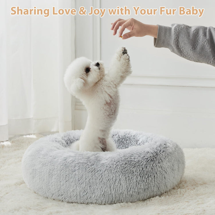 WNPETHOME Calming Dog Bed & Cat Bed, Anti-Anxiety Donut Small Dog Bed, Fluffy Faux Fur Cats Cushion Puppy Bed for Small Pets and Cats (24 x 24 inch, Light Coffee)