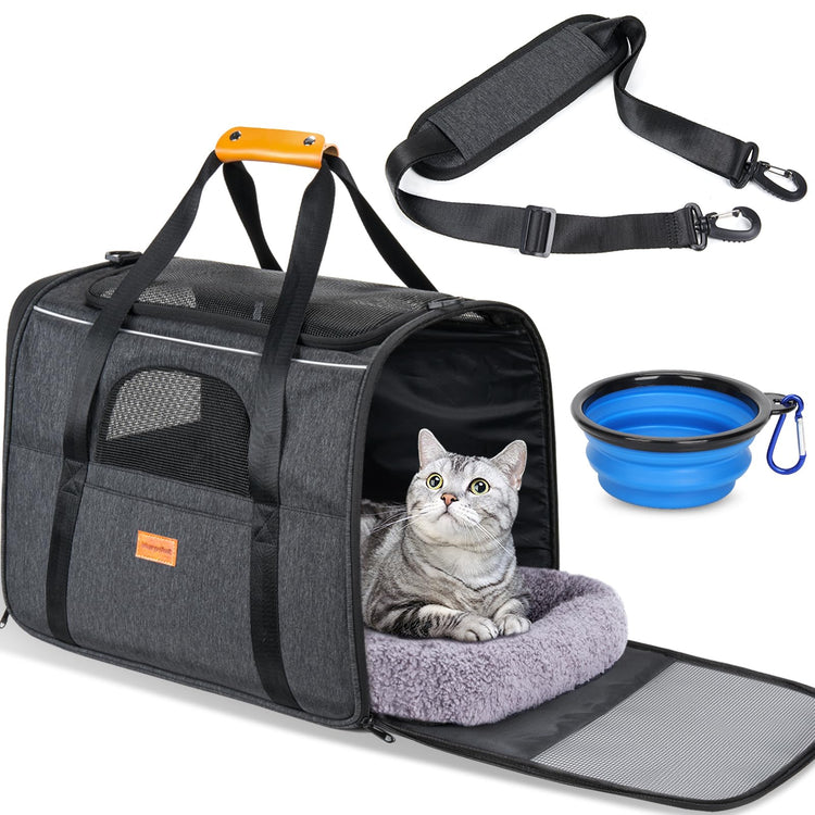 Morpilot Pet Carrier for Large Cats, Puppies & Small Dogs Up to 25lbs, Escape-Proof with Locking Zippers, Dual-Sided Cushion, Safety Buckle for Car & Vet Travel, Includes Foldable Bowl (Dark Gray)