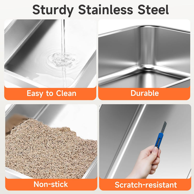 Stainless Steel Cat Litter Box, Odor Free Metal Litter Box with High Sides Lid, Open Top Low Entry Litter Pan Include Scoop Easy Cleaning Anti-Scratch Kitty Cat Box Anti-Urine Leakage, Non-Sticky