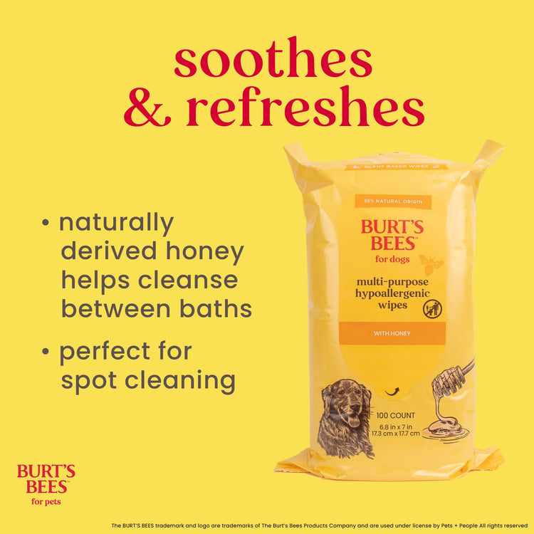 Burt's Bees for Pets Honey Multipurpose Dog Grooming Wipes, Gentle Hypoallergenic Spot Cleaning Sheets, pH Balanced Natural Origin Formula for Paws, Face and Butt, 50 Count