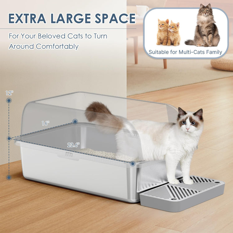Extra Large Stainless Steel Litter Box with Lid, High Sides Enclosed Cat Litter Box for Big Cats & High Peeing, Anti-Leak & Odor Control Metal Litter Pan, Easy Clean Non-Stick Kitty Litter Box
