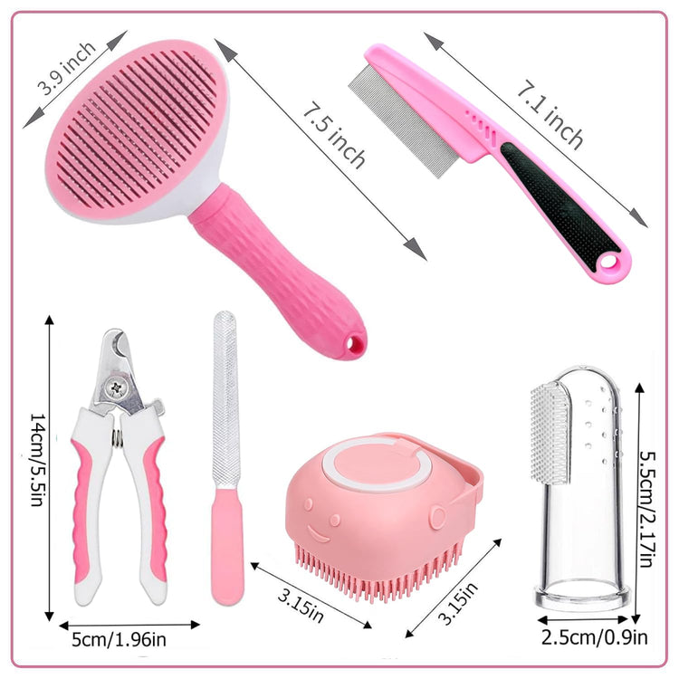 7pcs Pet Grooming Kit, Self-Cleaning Brush Shedding Kit with Nail Clipper, Flea Comb, Shampoo Bath Brush, Finger Toothbrush, Storage Bag (Blue)