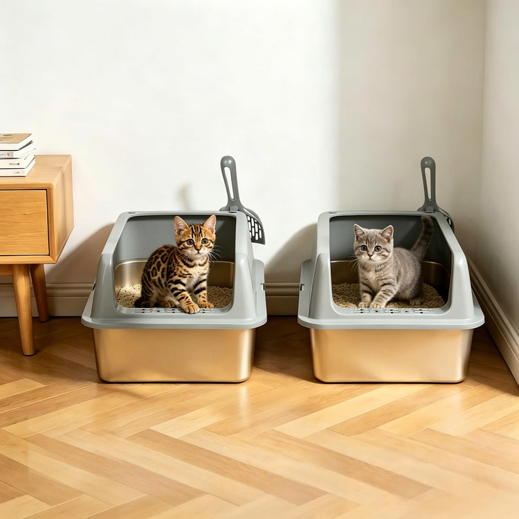 Kirecoo 2 Pack Stainless Steel Litter Box with Lid, Large Enclosed Metal Cat Litter Box Pan High Sided, Easy Clean Anti-Leakage Litterbox Tray for Indoor Big Cats, Kittens or Multicat, Scoop Included