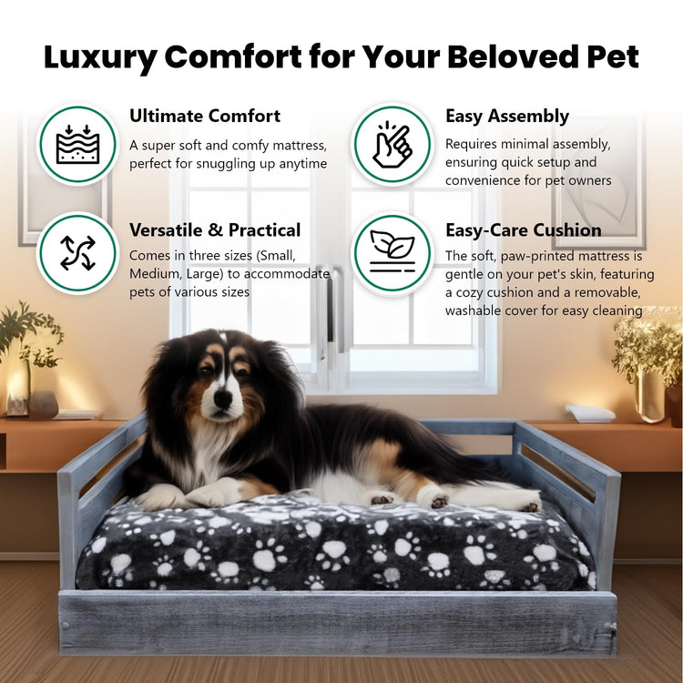 Iconic Pet Sassy Paws Wooden Pet Bed with Paw Printed Comfy Cushion for Dogs & Cats in Varying Sizes & Colors, Small-Rustic Brown