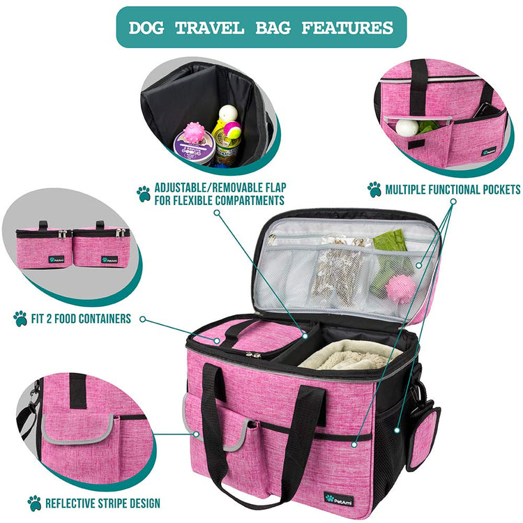 PetAmi Dog Travel Bag Organizer, Pet Travel Kit with 2 Food Containers & 2 Collapsible Dog Bowls, Pet Supplies Tote with Luggage Sleeve, Weekend Road Trip Camping Essentials, Dark Gray, Medium