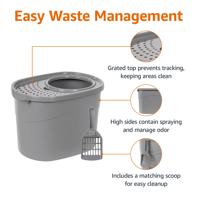 Amazon Basics Large Cat Litter Box with High Sides, Open Top for Easy Access, Includes Scoop with Storage, 19" x 15" x 11.75", Grey/Beige