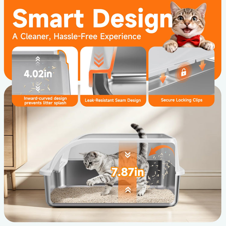 Stainless Steel High Sides Cat Litter Box with Scoop, Open Top Litter Pan for Indoor Cats, Easy to Clean, Reduced Litter Scatter, Medium