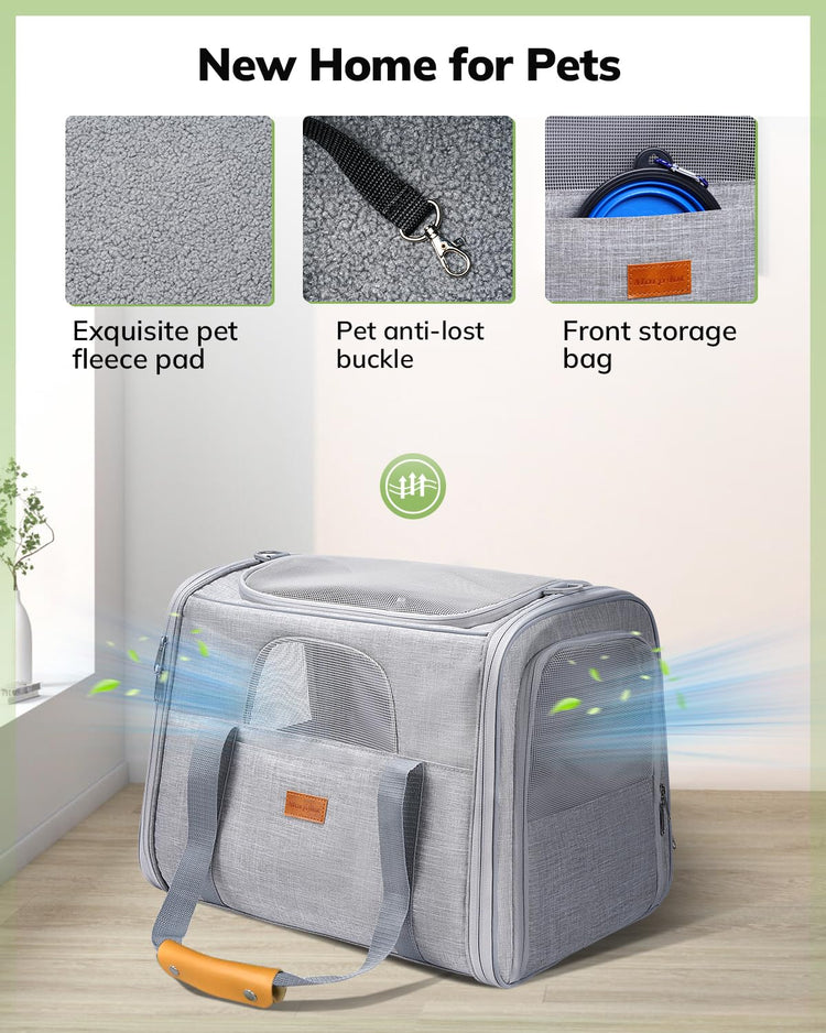 Morpilot Pet Carrier for Large Cats, Puppies & Small Dogs Up to 25lbs, Escape-Proof with Locking Zippers, Dual-Sided Cushion, Safety Buckle for Car & Vet Travel, Includes Foldable Bowl (Dark Gray)