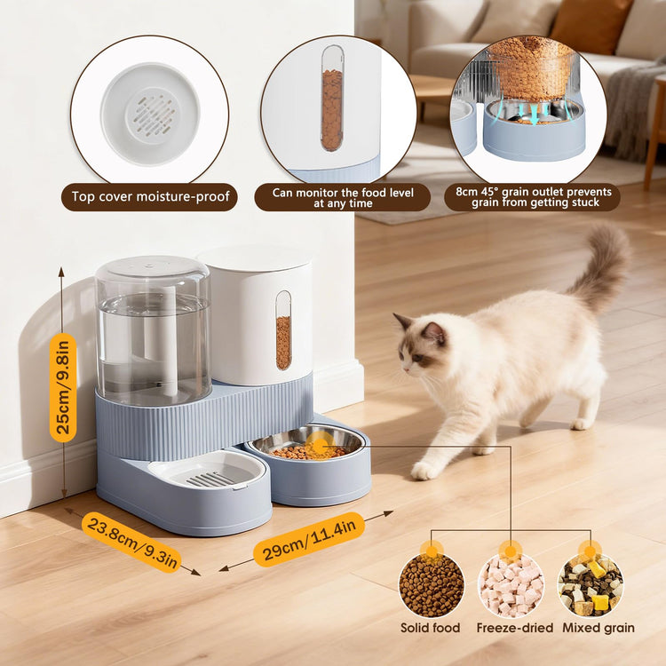 Automatic Gravity Cat Dog Feeder and Water Dispenser with 304 Stainless Steel Bowls 2 in 1 360 Degree Rotatable Auto 2.4L Dry Food and 2.6L Water Bowl for Small Medium Pet Dog Puppy Kitten (Gray)