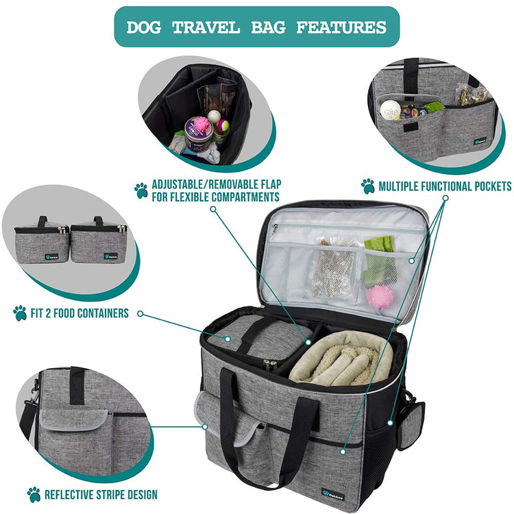PetAmi Dog Travel Bag Organizer, Pet Travel Kit with 2 Food Containers & 2 Collapsible Dog Bowls, Pet Supplies Tote with Luggage Sleeve, Weekend Road Trip Camping Essentials, Dark Gray, Medium
