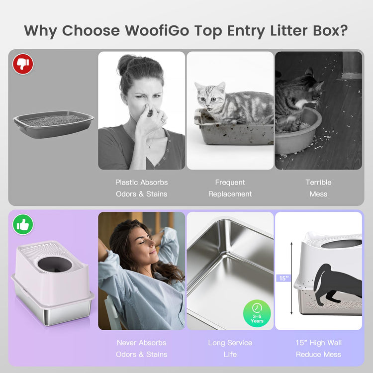 WoofiGo Enclosed Stainless Steel Cat Litter Box with Lid, XL Extra Large Litter Box for Big Cats, Metal Litter Pan High Sided, Never Absorbs Odors, Anti-Urine Leakage, Easy Cleaning, Include Scoop