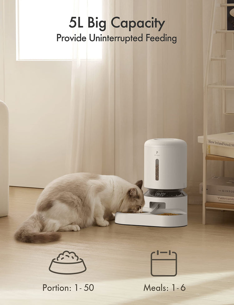 PETLIBRO Automatic Cat Feeder, Automatic Dog Food Dispenser with Freshness Preservation, 5L Timed Pet Feeders for Dry Food, Up to 6 Meals Per Day, Granary 5L Basic Button Type White