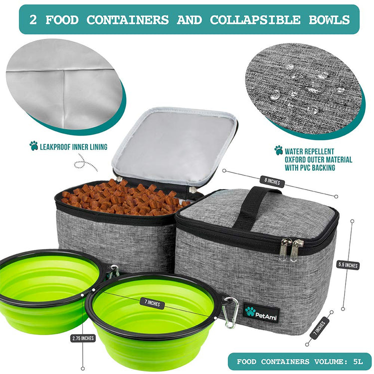 PetAmi Dog Travel Bag Organizer, Pet Travel Kit with 2 Food Containers & 2 Collapsible Dog Bowls, Pet Supplies Tote with Luggage Sleeve, Weekend Road Trip Camping Essentials, Dark Gray, Medium