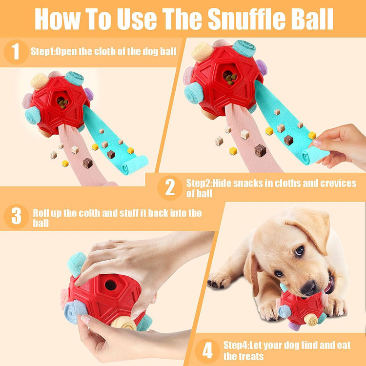 Dog Snuffle Ball-Interactive Puzzle Dog Toys Encourage Natural Foraging Skills Slow Feeder for Training and Stress Relief, Cloth Strip Hiding Food Chew Toys with Squeaky Carrot Toy for Any Size