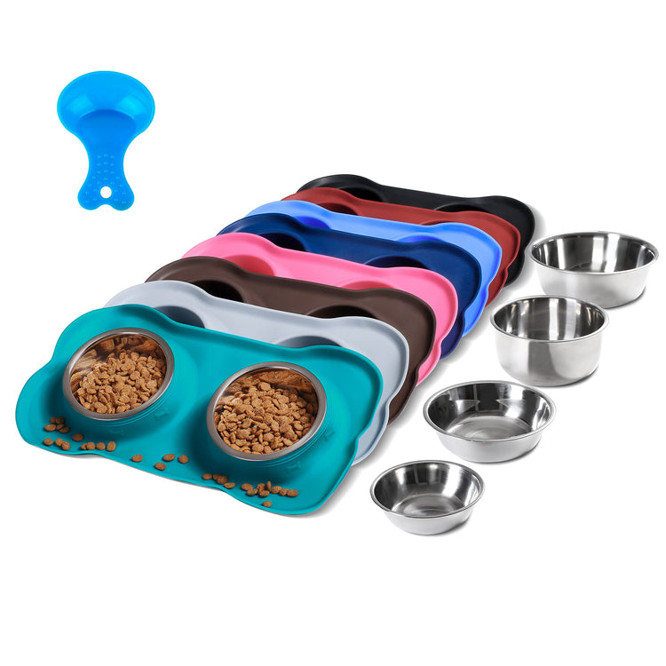 Hubulk Pet Dog Bowls 2 Stainless Steel Dog Bowl with No Spill Non-Skid Silicone Mat + Pet Food Scoop Water and Food Feeder Bowls for Feeding Small Medium Large Dogs Cats Puppies (Small, Blue)
