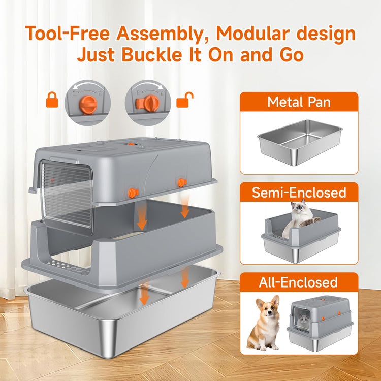Stainless Steel Litter Box with Lid, High Sided Enclosed Metal Litter Box for Big Cats, Easy Cleaning Anti-Urine Leakage, Non-Sticky Cat Box, Front Entry Top Exit KittyBox, Includes Mat & Scoop