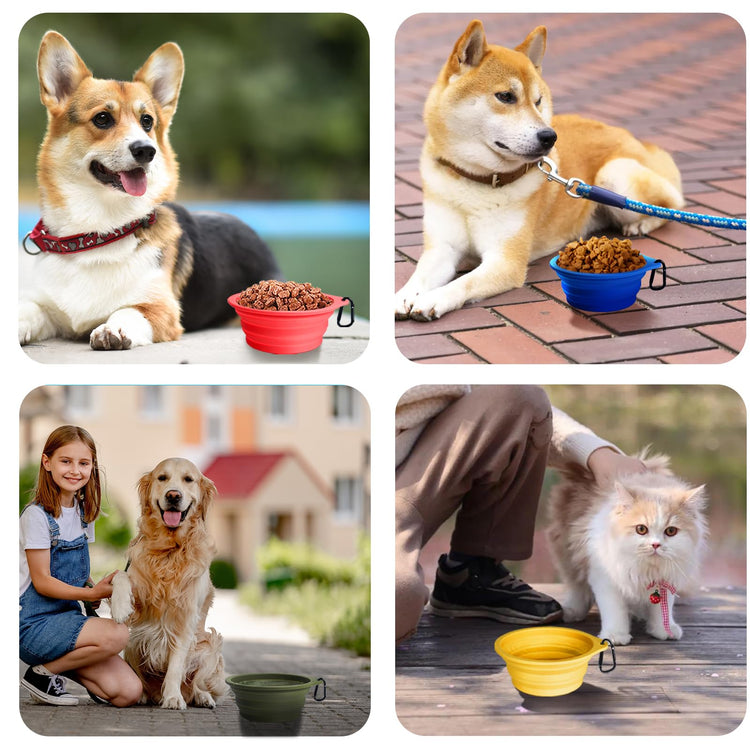 PetBonus 2-Pack Silicone Collapsible Dog Bowls, BPA Free Dishwasher Safe, Portable Foldable Expandable Travel Bowl, Food Water Feeding Cup Dish for Dogs Cats with 2 Carabiners (Turquoise, Tan)