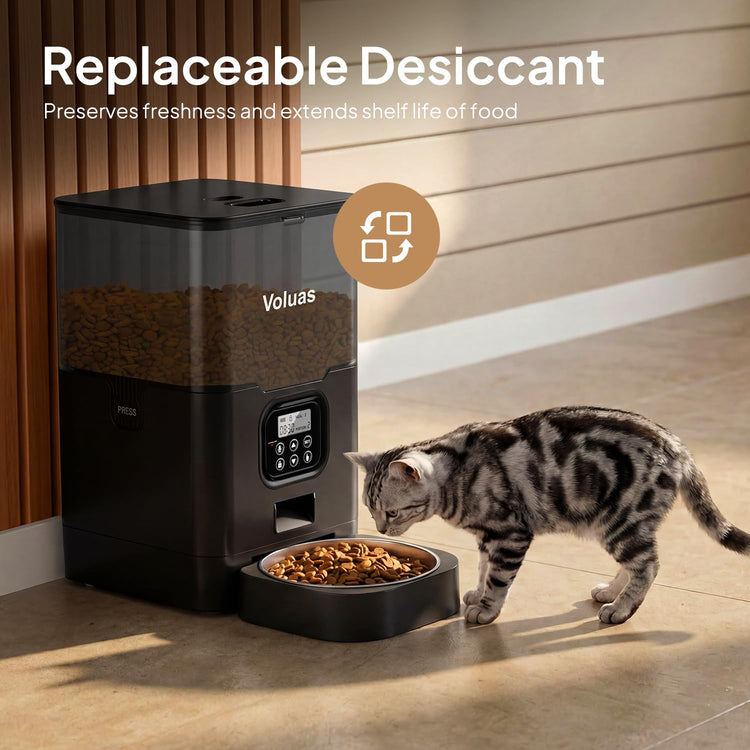 VOLUAS Automatic Cat Feeders - Timed Pet Feeder for Cats and Dogs with Dry Food Dispenser, Desiccant Bag, Programmable Portion Control, 4 Daily Meals, 10s Voice Recorder