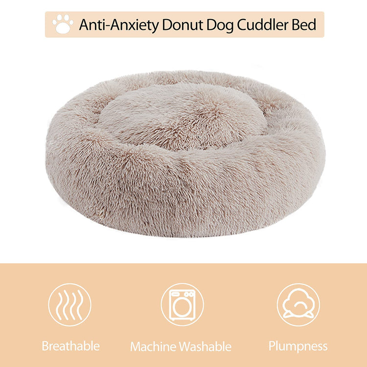 WNPETHOME Calming Dog Bed & Cat Bed, Anti-Anxiety Donut Small Dog Bed, Fluffy Faux Fur Cats Cushion Puppy Bed for Small Pets and Cats (24 x 24 inch, Light Coffee)