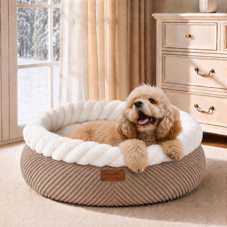 FUKUMARU Cat Bed, Calming Donut Dog Beds, Plush Faux Fur&Corduroy Kitten Beds, Cute Round Washable Pet Bed for Large Cats and Puppy, Cat Cave with Anti-Slip Bottom, 21inch, Camel
