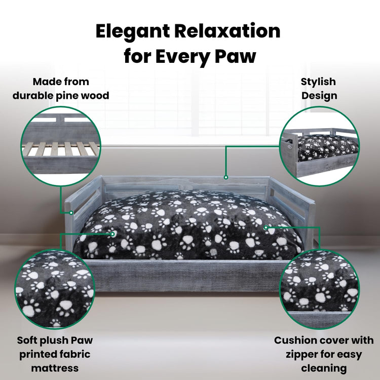 Iconic Pet Sassy Paws Wooden Pet Bed with Paw Printed Comfy Cushion for Dogs & Cats in Varying Sizes & Colors, Small-Rustic Brown