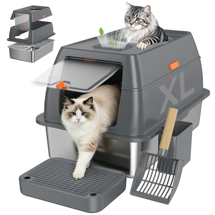 Extra Large Stainless Steel Litter Box with Lid, High Sided Enclosed Metal Cat Litter Pan, Dog Proof Front Entry Top Exit, Odor Control Easy Clean Leak Proof, Includes Scoop & Step, Black
