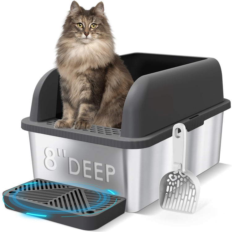 Extra Large Stainless Steel Litter Box with Lid, High Sides Enclosed Cat Litter Box for Big Cats & High Peeing, Anti-Leak & Odor Control Metal Litter Pan, Easy Clean Non-Stick Kitty Litter Box