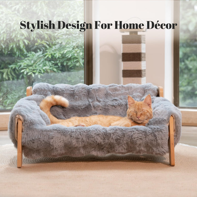CHEERHOME PETS Elevated Cat Couch Bed for Indoor Cats, Wooden Cat Sofa with Removable Washable Fluffy Cover Raised Kitty Lounge Chair Suitable for Puppy(Cat Sofa Off-White)
