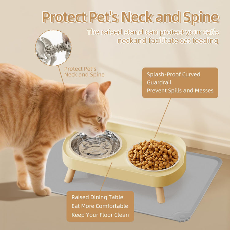 Elevated Cat Bowl, Raised Cat Food and Water Bowl Set for Indoor Cats, Splash Proof with 2 Stainless Steel Pet Food Bowls for Cats and Puppies, Whisker Fatigue and Dishwasher Safe - White