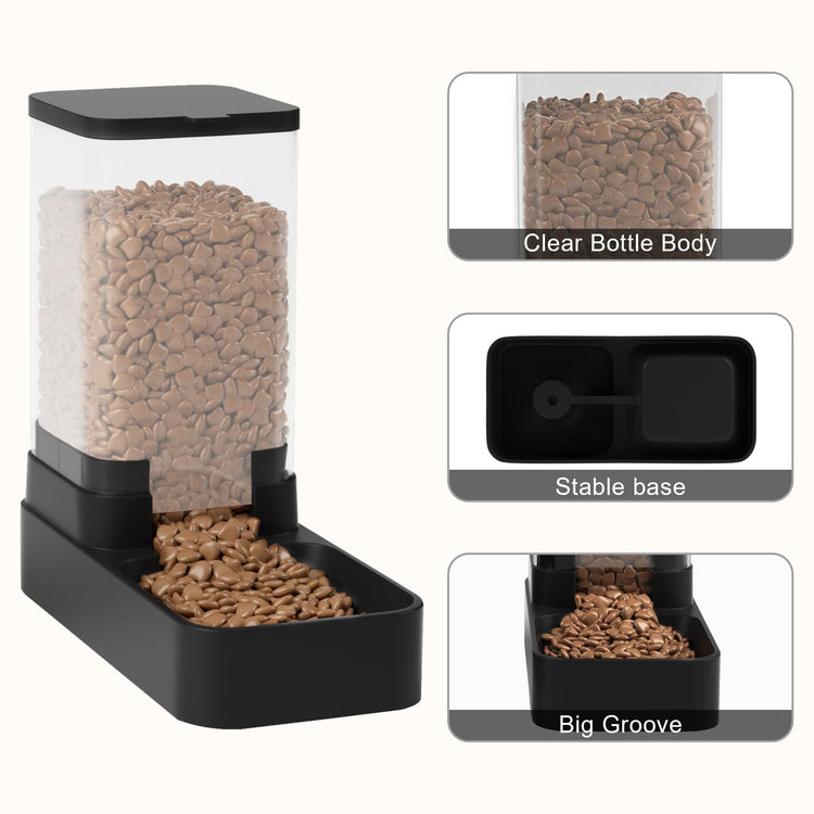 Automatic Cat Feeder and Water Dispenser in Set with Pet Food Bowl,Gravity Dog Waterer and Food Feeder for Small Medium Dog Cat Puppy Kitten Large Capacity(3.3L,Black)
