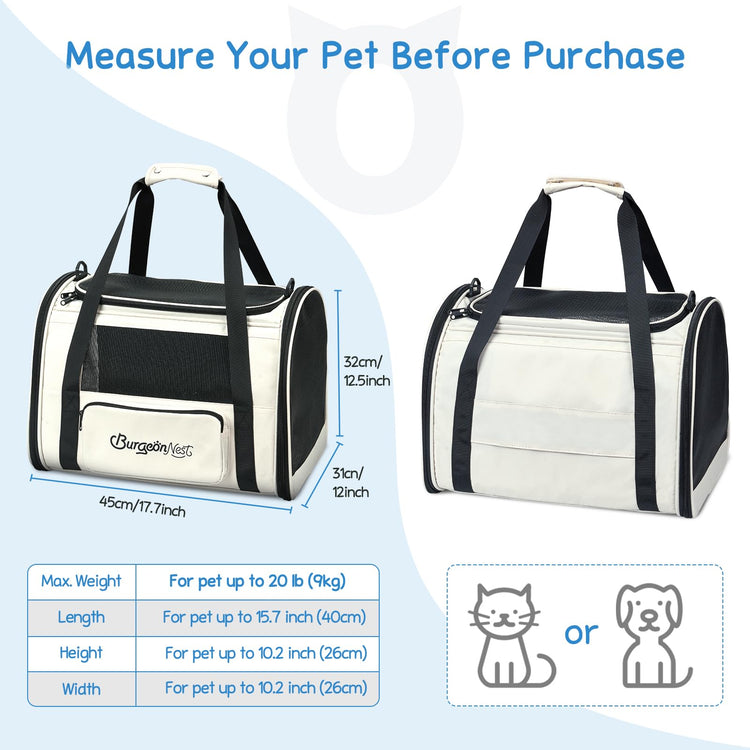 BurgeonNest Cat Carrier for Large Cats 20 lbs, Soft-Sided Pet Carrier for Small Dogs Medium Puppy Under 25 lbs, Puppy Travel Bag with Big Storage Bag, 4 Ventilated Windows, 3 Doors