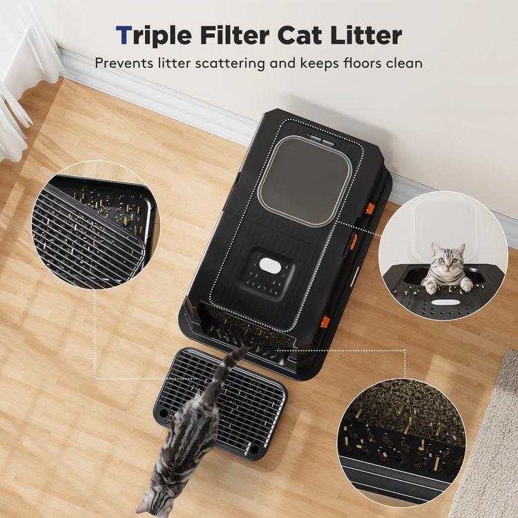 FURTIME Stainless Steel Litter Box with Lid, Large Enclosed Cat Litter Box for Big Cats, Metal Cat Box with High Sided Enclosure & Scoop, Front & Top Entry, Odor Free, Anti-Leakage, Grey