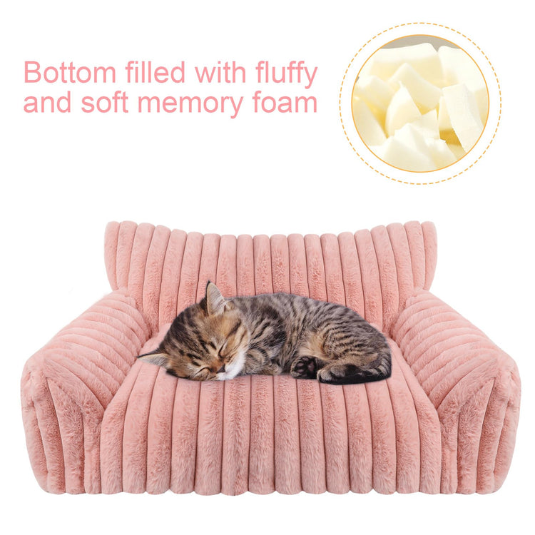 Cute Cat Couch Bed for Indoor Cats, Fluffy Pet Cat Sofa with Premium Soft Corduroy Fleece, Cute Small Dog Beds for Small Dogs, Fuzzy Puppy Chair with Removable Washable Cover (24x18x10,Grey)
